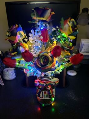 LARGE PRIDE/ALLY FAUX FLORAL ARRANGEMENT W/ 21’ OF FAIRY LIGHTS/HANDMADE/NWT